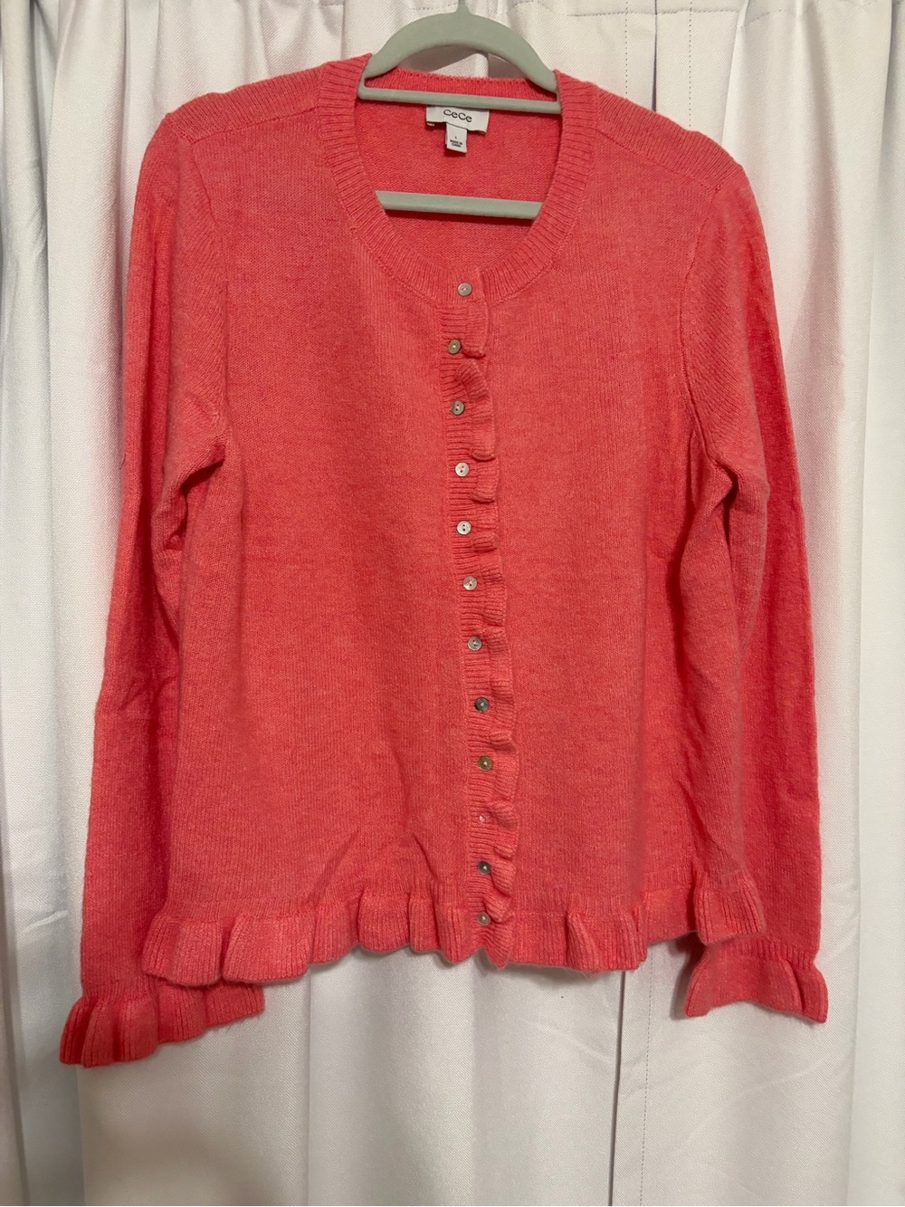 CeCe Coral Pink Ruffle-Hem Button-Front Cardigan